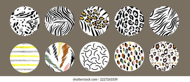 Set of Round patterns of zebra, tiger, leopard skins. Highlights for stories. African theme. Black lines on a white background. Cover icon for saved stories.