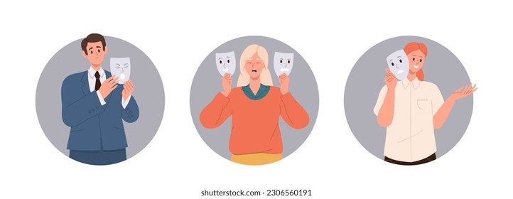 Set of round people avatar icons with man woman concealing true emotions under different social mask