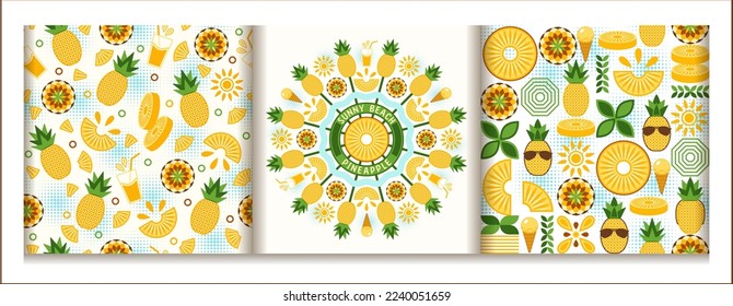 Set of round pineapple ornament, patterns with pineapple, ice cream, juice, sun in simple geometric style Stylization of Sunny beach Good for decoration of food packaging, decorative print, background