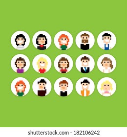 Set of round pixel people avatars