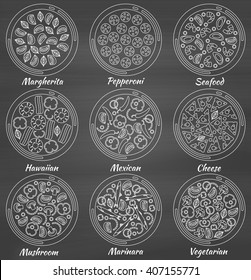 Set of round pizzas. Chalk board background. Vector illustration.