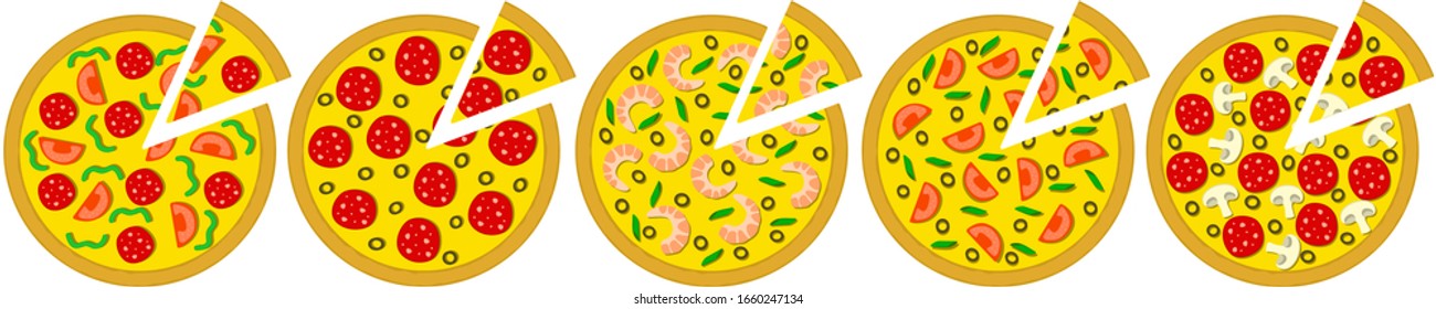 set of round pizzas with cut triangular slices, with different ingredients