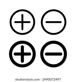 Set of round plus and minus icons with different thicknesses. vector illustration
