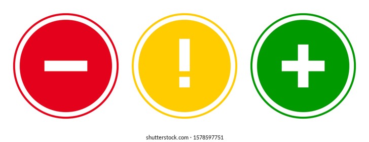 Set of round plus sign, exclamation point, minus sign icons, buttons isolated on white background.