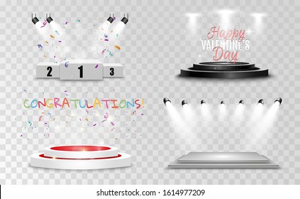 
A set of round podiums, pedestals or platforms illuminated by spotlights in the background. Vector illustration of a bright light. Light from above. Place for advertising or rewarding.