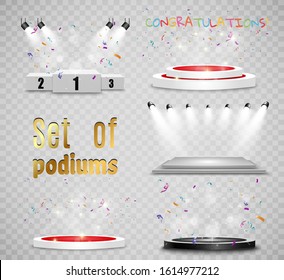 
A set of round podiums, pedestals or platforms illuminated by spotlights in the background. Vector illustration of a bright light. Light from above. Place for advertising or rewarding.