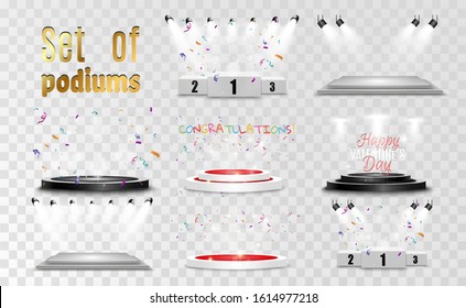 
A set of round podiums, pedestals or platforms illuminated by spotlights in the background. Vector illustration of a bright light. Light from above. Place for advertising or rewarding.