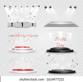 
A set of round podiums, pedestals or platforms illuminated by spotlights in the background. Vector illustration of a bright light. Light from above. Place for advertising or rewarding.