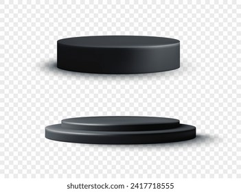 Set of round podiums with shadow on a transparent background.