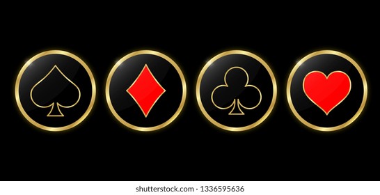 Set of round poker and casino icons. Suit golden deck of playing cards in the gold circle on black background. Vector illustration.