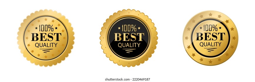 Set of round polished gold metal badges isolated on white background.
