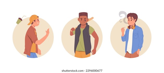Set of round portrait frames with hooligan, street bandit and bully male teenager characters