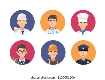 Set of round portraits of happy people of various professions. Bundle of cute male cartoon characters of different occupations inside circular frames. Colorful vector illustration in flat style.