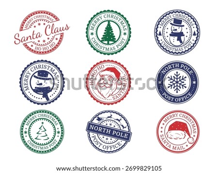 Set of round postal seals with Santa Claus stamps. North Pole post office. Snowman and Christmas tree, snowflake and Santa's face. New Year and Christmas design. Vector illustration.