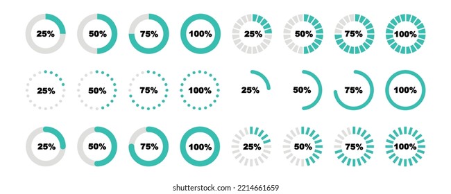 Set of round progress bars on white background. Circle download indicator from 25 to 100 percentage. Loader process. Vector 10 EPS.