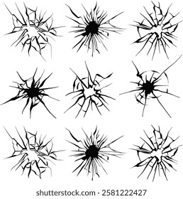 A set of round punched holes in walls with cracks
