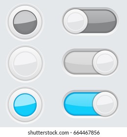 Set of round push buttons and toggle switch buttons. Blue and gray user interface elements. Vector 3d illustration