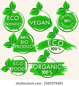 set of round quality labels 100% organic ecological natural products isolated on white background