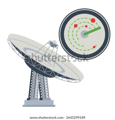 Set round radar and satellite system vector. Military, scientific and exploratory search system.
 Tech sensor circle symbol. Style is flat symbol, black color, rounded angles, white background