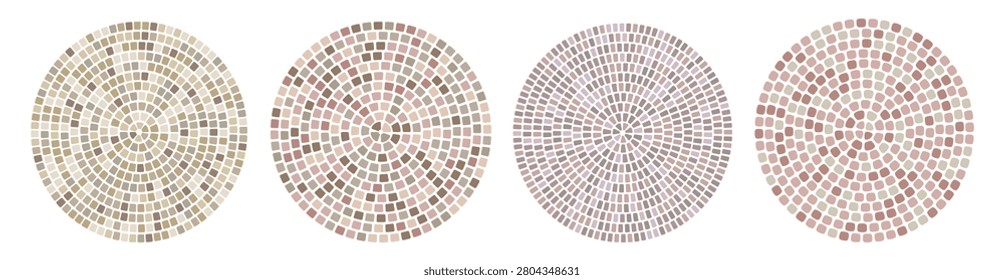 Set of round radial cobblestone paving stones with shades of gray, earthy and dirty pink stone tiles, arched brick mosaic pattern,simple grunge style floor texture. Vector background isolated on white