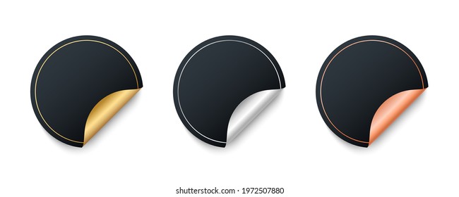 Set of round realistic adhesive stickers with a folded edges. Blank black round label templates. Gold, silver and bronze. Vector illustration.