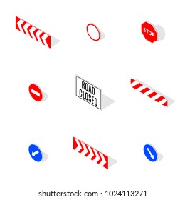 Set of round and rectangular road signs isolated on white background. Under construction design elements. Flat 3D isometric style, vector illustration.
