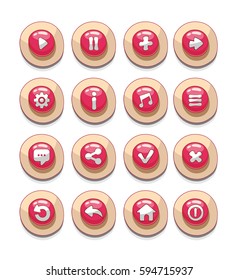 Set of round red and beige buttons in cartoon style. 2d asset for user interface GUI in mobile application or any casual video game.