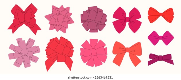 Set of round red, pink decorative holiday ribbon bow ball for gift wrapping, decorate box. Outline hand drawn element and silhouette for present for birthday, Christmas, New Year. Isolated Flat vector