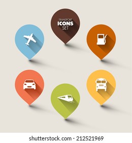 Set of round retro flat transport pointers - car, bus, train, plane, gas station with a long shadow effect