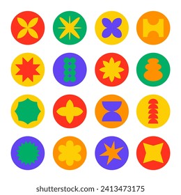 Set of round retro stickers. Trendy y2k icons with abstract colorful shapes. Vector illustration.