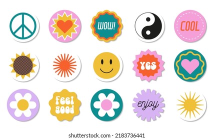 Set of round retro style stickers. Peace sign, heart, smile, sun, daisy, yin-yang, sunflower, YES, Enjoy, WOW. Decorative elements in the style of the 70s and 80s.