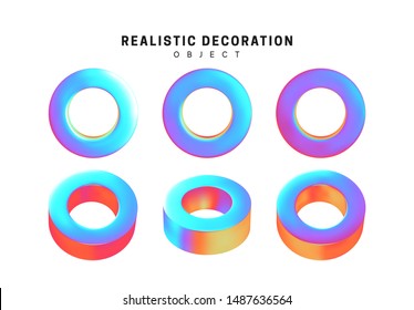 Set round ring, with hole Realistic geometric shapes with holographic color gradient. Hologram decorative design elements isolated white background. 3d objects shaped blue color. vector illustration.
