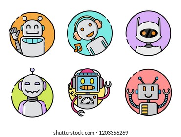 Set of round robot icon on white background. Funny robots greeting, waving hands, listening to music. Vector illustration in flat style.
