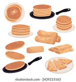 Set of round, rolled and sliced pancakes on frying pans and plates flat style, vector illustration isolated on white background. Decorative design elements collection, tasty breakfast