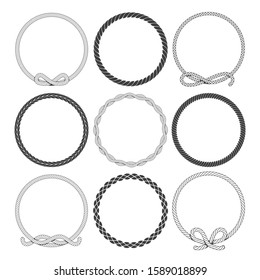 Set of round rope frame. Marine Rope circles isolated on the white background. Vector illustration.