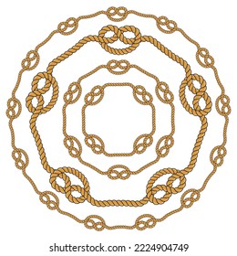 Set of round rope frames isolated on white background. Twisted cord with decorative loops and nautical knots. Braided rope decor. Vintage flat cartoon vector border.