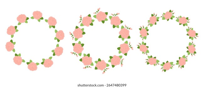 Set round rose borders for design and decoration. Pink flower frames. For invitations, packaging, greeting cards.	