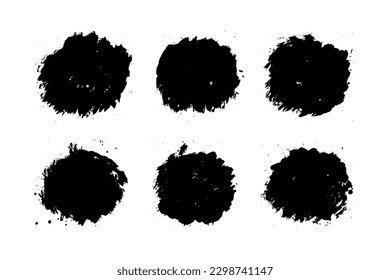 Set of round rough button dirty stroke brush. Hand painted ink blob, grunge circle. Vector element illustration