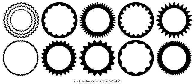 Set of round scalloped frame set. Circle and square scalloped frames. Scalloped edge rectangle and ellipse shapes. 