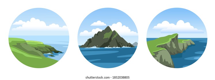 Se trata de un conjunto de paisajes de mar con montañas, rocas, acantilados y cielo azul con nubes. Coloridas vistas panorámicas al océano. Ilustración vectorial plana.