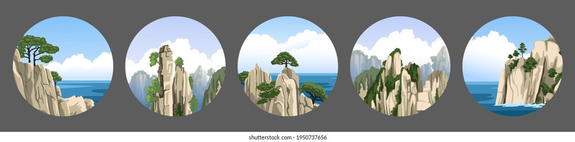 Set of round sea and mountains chinese landscapes with rocks, cliffs, fog, blue sky with fluffy clouds. Realistic hand-drawn vector illustration.