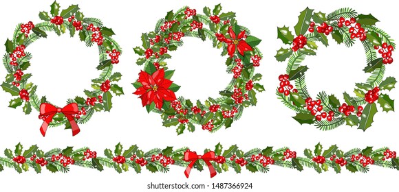 Set of round season wreaths with branches, berries, holly, candies isolated on white.  Endless horizontal pattern brush. For season design, announcements, postcards, posters.