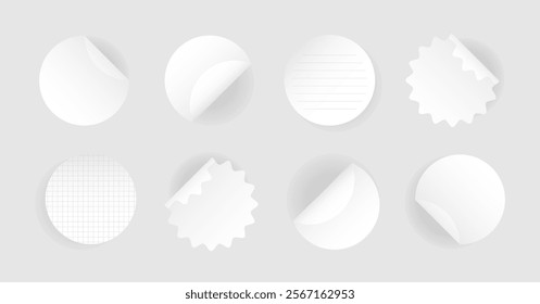 Set round self adhesive stickers with folded edges. White paper circle with shadows, soft zigzag shapes. Blank layout for any notes. Vector illustration