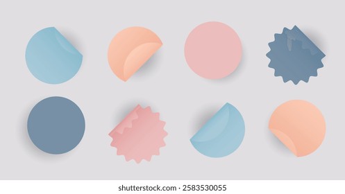 Set round self adhesive stickers with folded edges. Colored paper circle with shadows, soft zigzag shapes. Blank layout for any notes. Vector illustration