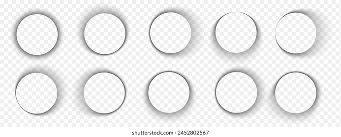 Set of round shadows. Circle soft overlay effect. Rounded shapes with dark gradient borders isolated on transparent background. Empty circular shades on floor or paper. Vector realistic illustration.