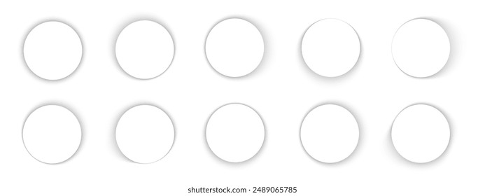 Set of round shadows. Circle soft overlay effect. Empty circular shades on floor or wall. Rounded shapes with dark gradient borders isolated on white background. Vector realistic illustration.