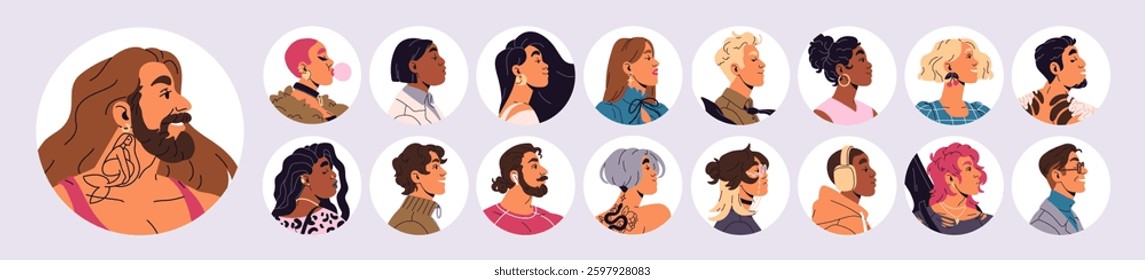 Set of round shape avatars of diverse people. Circle side view portraits of different men and women. Male and female faces for user profile. Flat isolated vector illustrations on white background