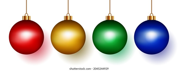 Set of round shape Christmas balls hanging isolated on white background.Collection of bauble realistic balls red, gold, green, and blue color ornament decor for Christmas, festive.Vector illustration.
