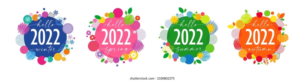 Set of round shape icons. Creative seasonal decorations. Coloured labels. 4 seasons of 2022. Web banner idea. Abstract isolated graphic design template Geometric style. Advertising shopping collection