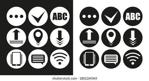 set of round shape icons with transparent signs inside. icons are carved into the body of icons